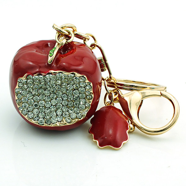 JINGLANG Fashion Keychains Gold Plated Lobster Clasp Dangle Link Chains Rhinestone Red Apple Keyrings Luxury Jewelry