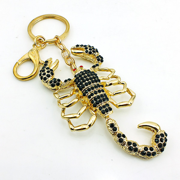 High Quality Fashion Plated Gold Key Rings Hollowed Black Rhinestone Scorpion Animals Charms Lobster Clasp Keychain Jewelry