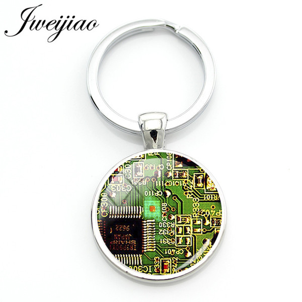 JWEIJIAO Computer Circuit Board Key Chain Keychain Handmade Geometry Glass Dome Pendant Keyring Key Ring Gift Custom QF01