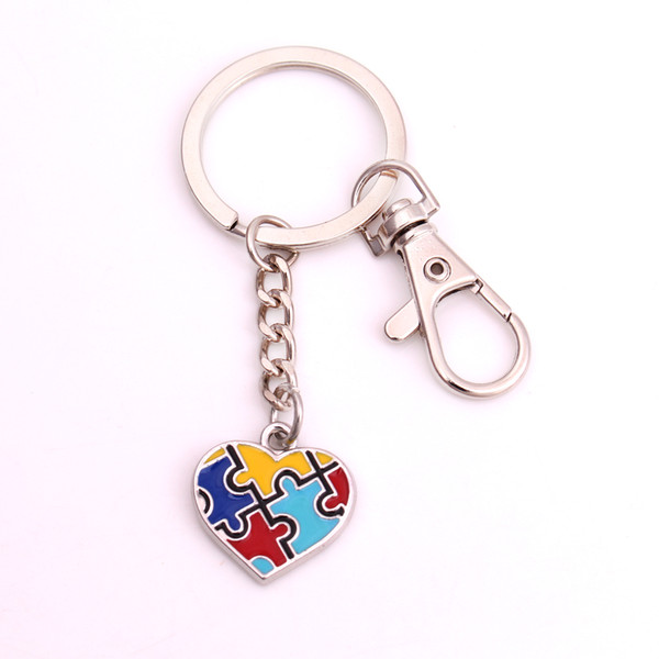 Drop shipping Autism Awareness Pendants With enamel single-sided Holes Heart Puzzle Piece Jigsaw Charm Lobster clasp Key Chain