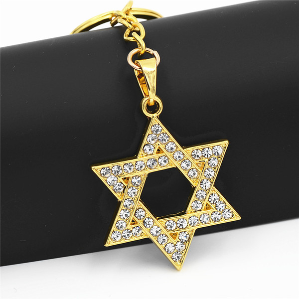 Uodesign Hip Hop Micro Pave Full Rhinestone Alloy Iced Out Bling Magen Star of David Pendants Keychain Keyring for Men Jewelry