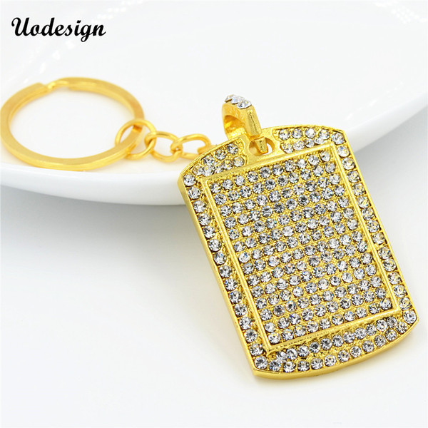 Uodesign Men Jewelry Gold Crystal Dog Tag Pendant hiphop keychain Alloy Pendants Military Army ID Tag keyring for Men