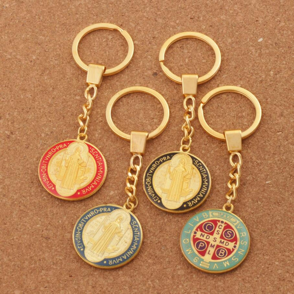 Enamel St. Saint Benedict Medal Keychain Patron Saint Of Travelers and Motorists Large Auto Car Protection Key Ring K1668