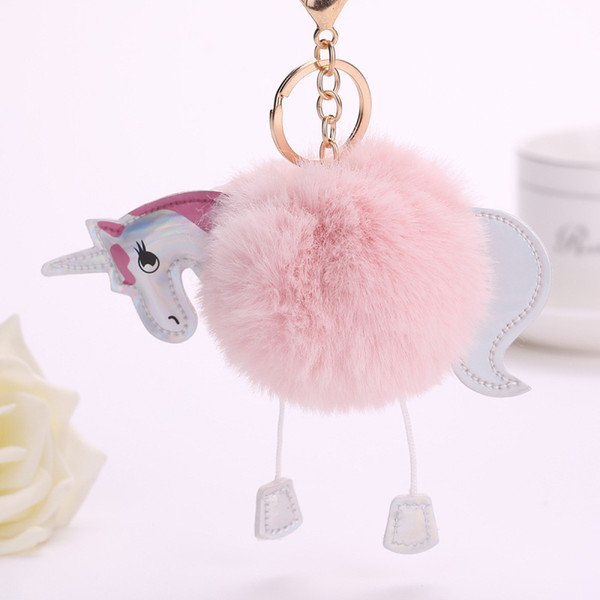 New Lady Key Chain Unicorn Plush Pony Hair ball Pendant Cartoon PU Leather Key Accessories Lady Hair Ball Key Chain Bag Pendant