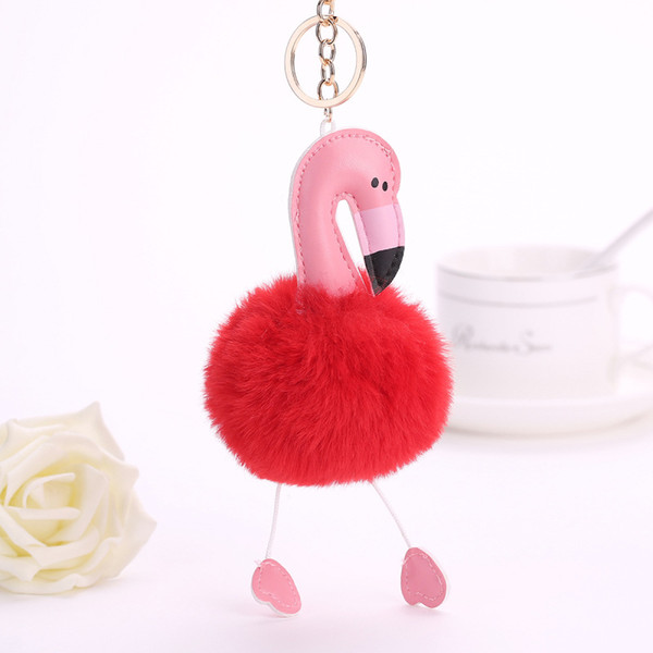 Fashion Animal Fur Ball Key Chain Flamingo Hair Ball Key Chain Ladies Fur Bag Pendant PU Leather Key Chain Pendant