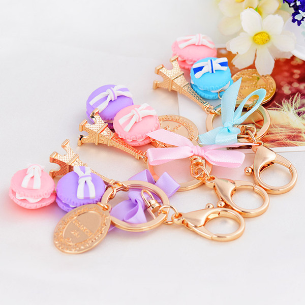 2019 Creative Macarons Cake Keychain Effiel Tower Ribbon Key Chain Ring Women Handbag Bag Charm Fashion Trinket Wholeasle