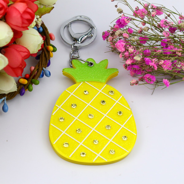 pineapple strawberry compact mirror fruit keychain with stone acrylic keychaim fashion accessories decoration for bags cars hangers