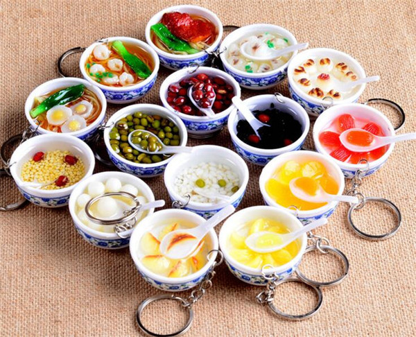 100pcs mixed styles Chinese Blue and white porcelain Food Bowl Mini bag pendant Simulation Food Key Chains Noodles Creative Keychain J117