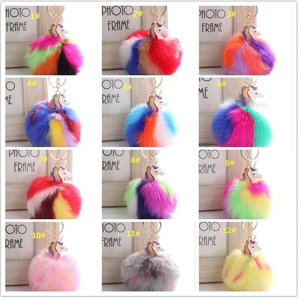 50pcs Fluffy Metal Alloy Unicorn Pom Keychain Pendant Cute Pompom Artificial Rabbit Fur ball Key Chain Bag Car Key Ring Hang Bag J098