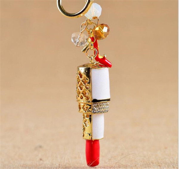 100PCS Charm Lipstick Keychain Shining Lovers Female Sexy Gift Rhinestone Pretty Car Keyring Noble Pendant J119