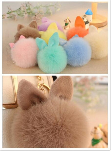 1000pcs 18colors Faux Fur Pompom Keychain Fluffy Rabbit Ear Ball Key Chain Keyring Bag Charms Pendant Bunny Accessories J116