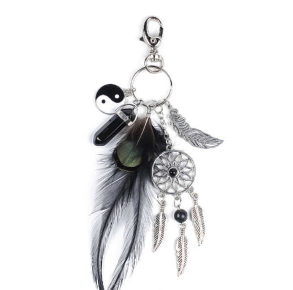 2019 European and American popular natural black agate crystal alloy tassel keychain ladies key ring accessories