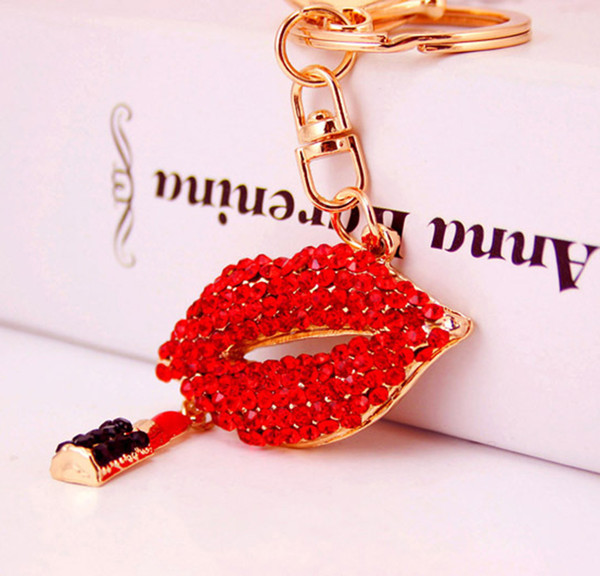European and American fashion creative gift diamond sexy lipstick lips keychain metal key chain handbag pendant