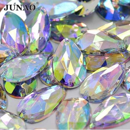 JUNAO 17*28mm Big Size Sewing Crystal AB Drop Rhinestones Appliques Flat Back Large Acrylic Crystals Stones Sew On Clear Beads