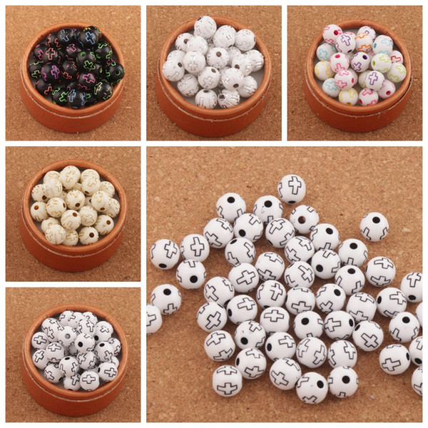 500pcs/lot 10mm Cross Round Spacer Beads Acrylic Plastic Assorted Color Round Religious Bead L3116 Jewelry DIY