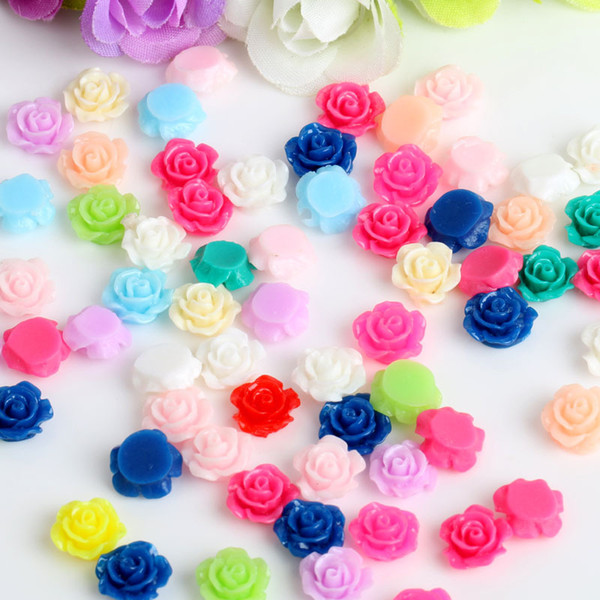 100/lot Mixed colors 10mm plastic rose flower DIY beads flat resin cabochon with paillette craft