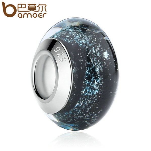 BAMOER Hotsale Silver Plated Black European Murano Glass Beads fit Bracelet & Necklace Fashion Jewelry Wholesale PA6369