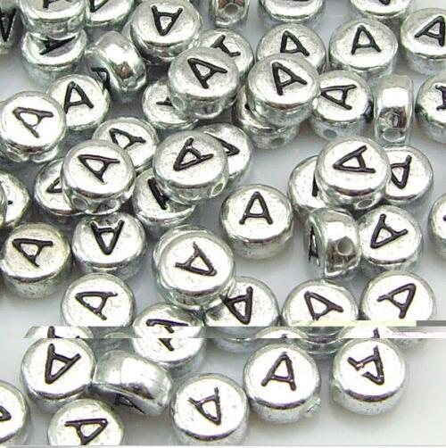 wholesale 100 PCS 7mm Silver Alphabet/Letter Acrylic Spacer Beads single letter A-Z