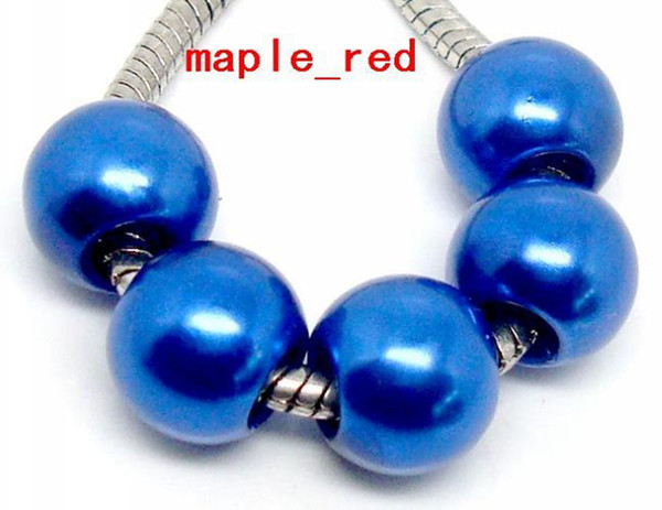 100PCS Sapphire blue Shiny Imitation Pearl European Big Hole Beads Fit European Bracelet and Necklace Low Price.