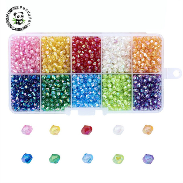 10Colors Environmental AB Color Plated Transparent Acrylic Beads Faceted Bicone Mixed Color, 4x4mm, Hole: 1mm; about 2500pcs/box