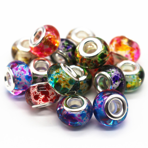 100pcs Mixed Color 14mm Big Hole Pandora Loose Acrylic Beads Fit European Jewelry Bracelet Charms DIY Round Shape Beads