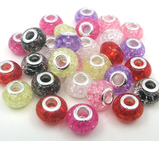 160pcs mix color 15mm 925 Silver plated Core Big Hole mix Color Resin Beads for European Bracelet jewelry DIY