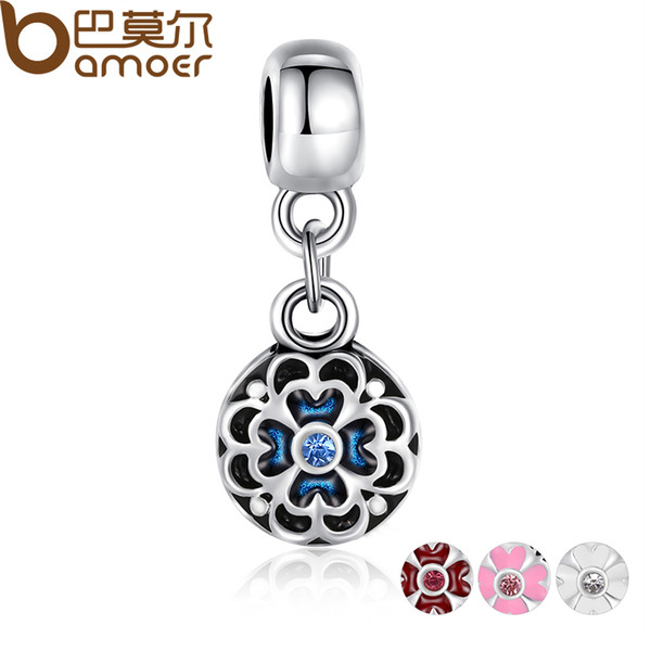 4 Colors Silver Plated Round Flower Charm Pendant Fit Bracelet Necklace Original Bead Accessories Blue Enamel PA5276