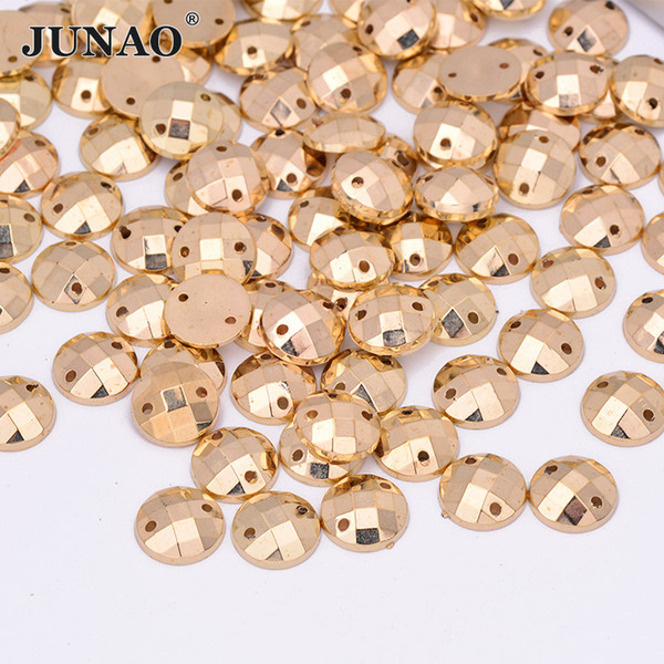 JUNAO 500pcs 10mm Sewing Gold Color Round Rhinestones Flatback Acrylic Gems Sew On Golden Crystals Stones Appliques for Garment