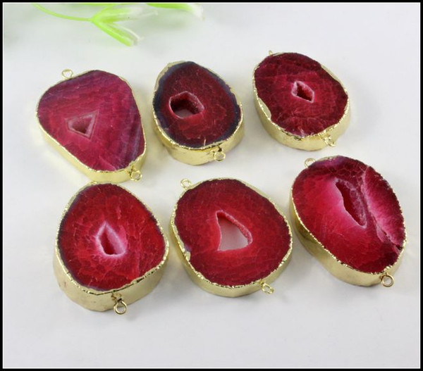 3pcs Gold tone Nature Crystal Quartz Druzy Connector,Drusy Geode gem stone pendant Beads in Red color Jewelry findings