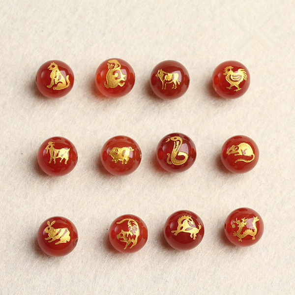 8mm 10mm 12mm Red Agates Stone Beads Bronzing Zodiac Beads Round Carnelian Loose Beads For DIY Bracelet Necklace Jewelry Making 12pcs/Lot