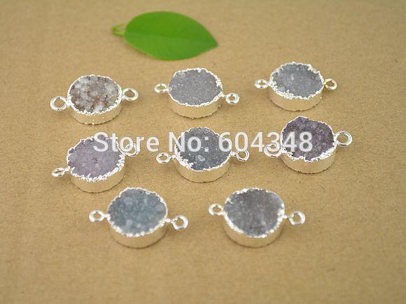 5Pcs Nature Druzy Agate Stone Connector Beads 16mm, Round shape Silver plated Quartz Drusy Gem stone Connector Pendant Findings