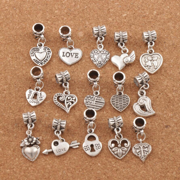 150pcs/lot Antiqued Silver Assorted Heart Dangles Beads Fit European Charm Bracelet Jewelry DIY Metal BM6