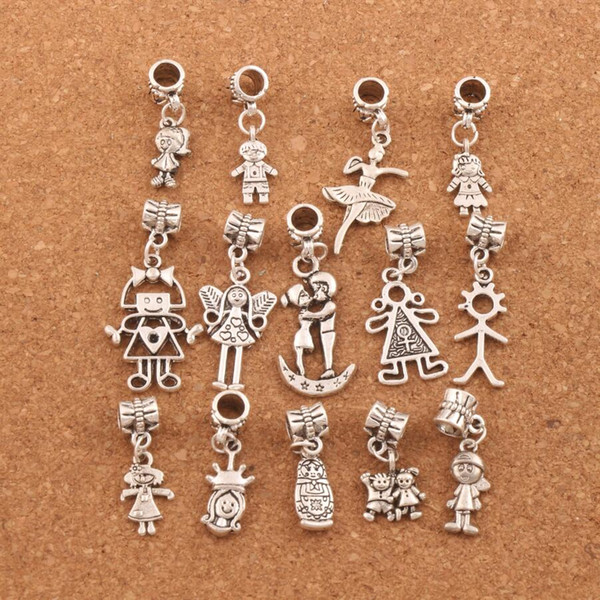 140pcs/lot Boy And Girl Dangle Big Hole Beads Tibetan Silver Fit European Charm Bracelet Jewelry DIY BM54