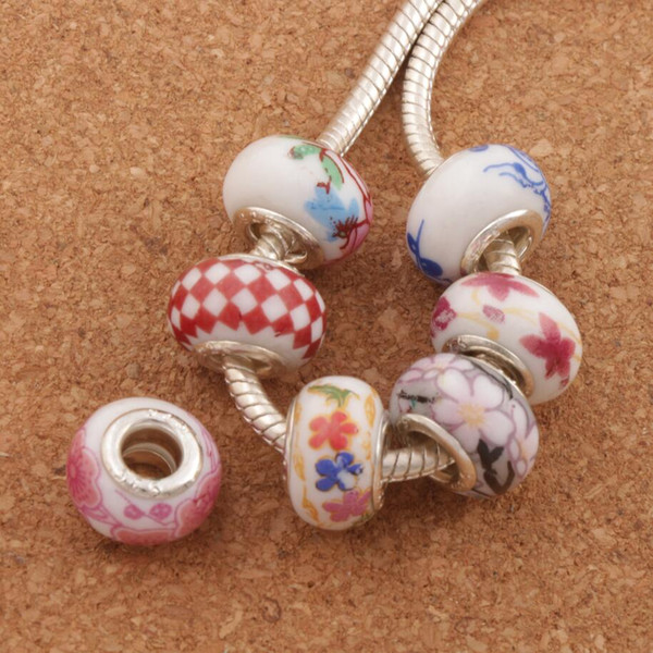 925 silver Handmade Porcelain Ceramic Big Hole Beads 60pcs/lot Mix 14X9mm Fit European Charms Bracelets Jewelry DIY