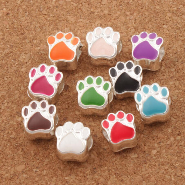 Enamel Bear Paw Print Big Hole Beads 60pcs/lot 10Colors Silver Plated Bead Fit European Bracelets L1770