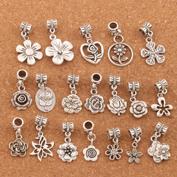 190pcs/lot Flowers Dangle Alloy Big Hole Beads Tibetan Silver Fit European Charm Bracelet Jewelry DIY BM55 LZsilver