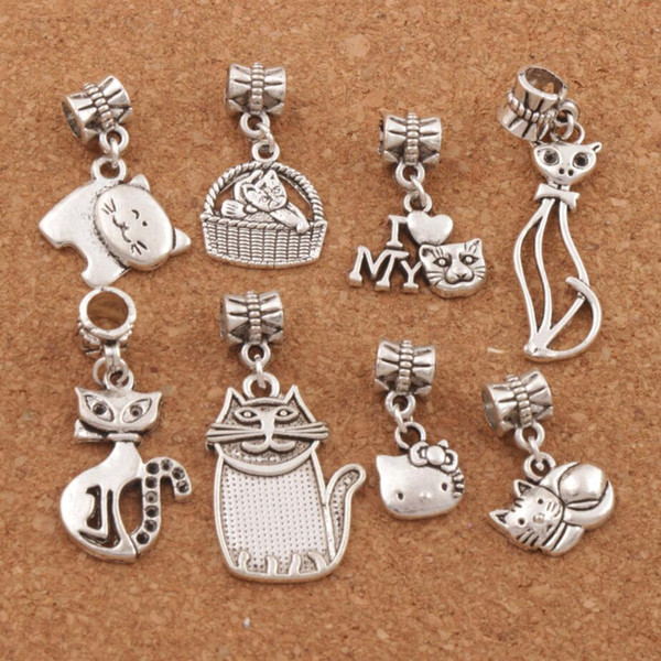 140pcs/lot Tibetan Silver Mix Cat Big Hole Alloy Charm Beads Fit European Bracelet Jewelry DIY BM32