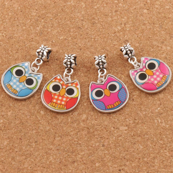 Two-Sided Enamel Cute Owl Big Hole Beads 60pcs/lot 4Colors Fit European Charm Bracelets Jewelry DIY B1557 18.8x31.5mm