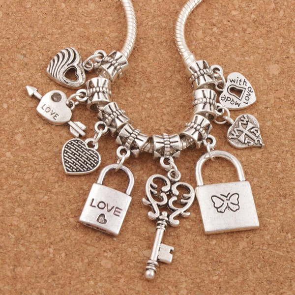 Love Heart Locket Keyhole Heart Charm Beads 80pcs/lot mixed Antique Silver Dangle Fit European Bracelets BM29