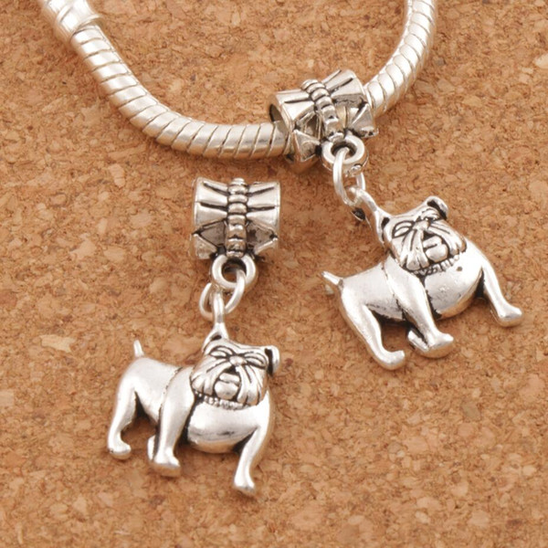 English Bulldog Charm Big Hole Beads 100pcs/lot 13.2x28mm Antique Silver Dangle Fit European Bracelets Jewelry DIY B108