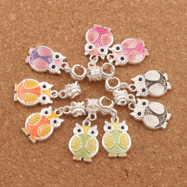 6Colors Enamel Owl Charm Big Hole Beads Dangle 50pcs/lot 13.5x32mm Fit European Charm Bracelets B1599