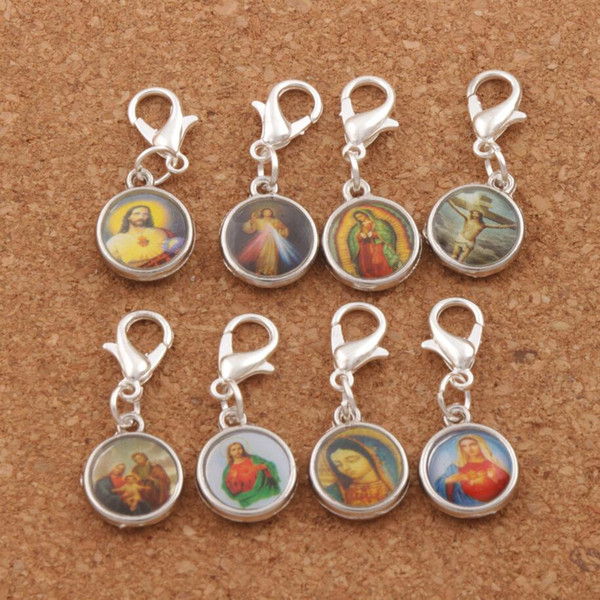 100pcs/lot Catholic Religious Church Medals Saints Clasp European Lobster Trigger Clip On Charm Beads 27.9x11.4mm Antique silver C1706