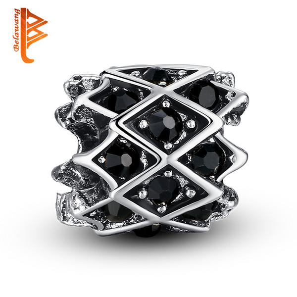 BELAWANG Silver Plated Big Hole Beads Weaving Charm Beads with Black Cubic Zirconia Loose Beads Fit Charm Bracelets&Bangles Jewelry Making