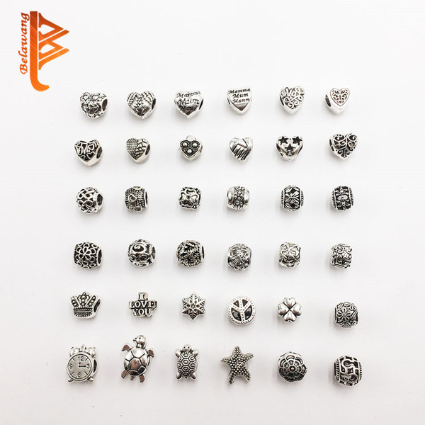 BELAWANG Mix 36 Style Silver Big Hole Loose Beads Charm Heart Shape Beads Fit Pandora Charm Bracelets&Necklaces Original 925 Jewelry Making