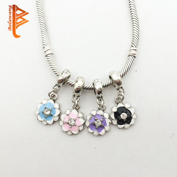 BELAWANG Wholesale Silver Flower Beads Charm Enamel Magnolia Bloom With Crystal Pendant Beads Fit Pandora Bracelet DIY Jewelry Accessories