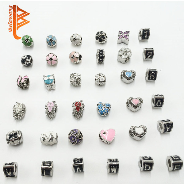 BELAWANG Mix Styles Antique Silver Metal Alloy Beads Big Hole Loose Beads fit Pandora Charm Bracelets DIY Jewelry Making Wholesale 50Pcs/lot