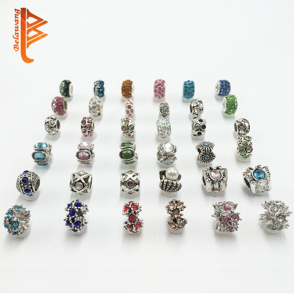 BELAWANG Hot sale 50pcs/lot Mix Styles Metal Big Hole Charm Silver Crystal Loose Beads Fit Pandora Bracelets&Necklace DIY Jewelry Making