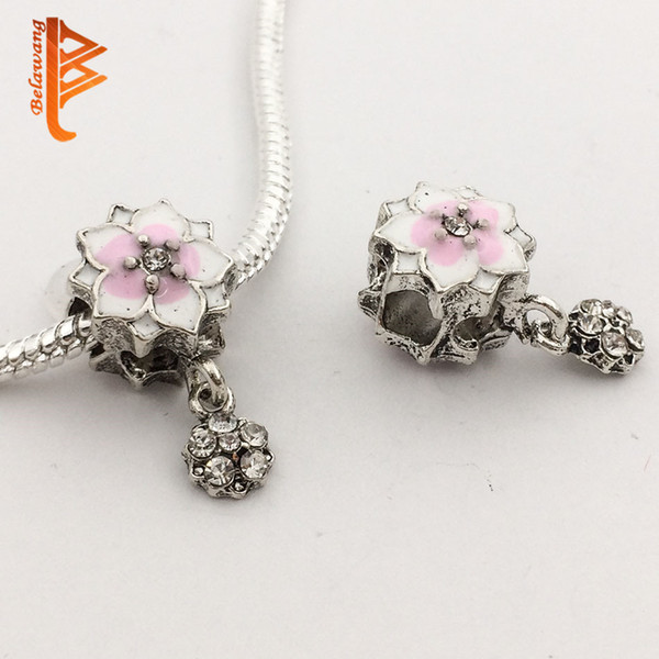 BELAWANG Enamel Magnolia Bloom With CZ Pendant Beads Silver Flower Beads Charm Fit Pandora Charm Bracelet&Bangle Fashion Jewelry Accessories