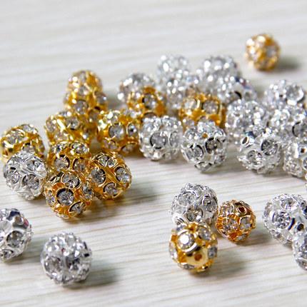 100pcs/lot Alloy Crystal Beads 8mm/10mm Gold/Silver Round Pave Disco Ball Beads Rhinestone Crystal Spacer Beads for DIY Jewelry Findings