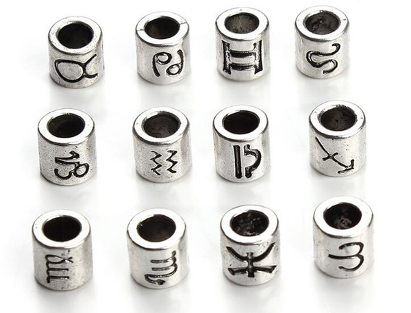 60pcs/lot 12 constellation and Zodiac Sign Design Antique Silver Plated Spacer Beads Fit Charm Bracelet 7.5x7.5mm F3061